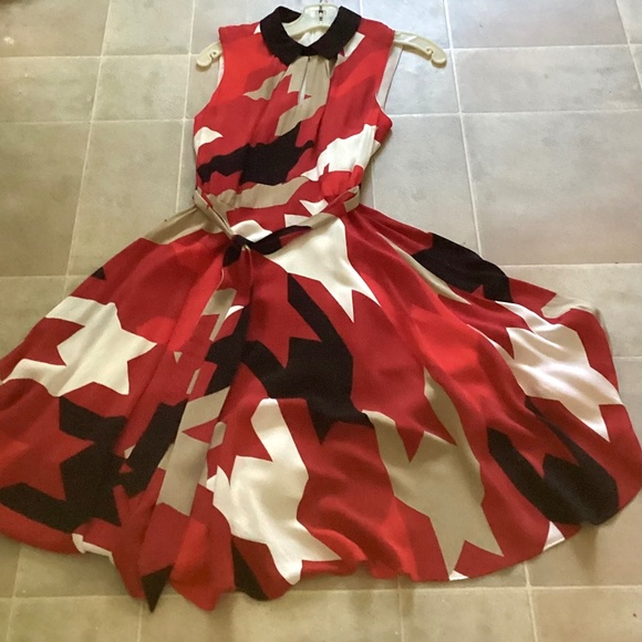 Hobbs London multicolor abstract collar neck sleeveless midi fit and flare dress - Picture 7 of 9